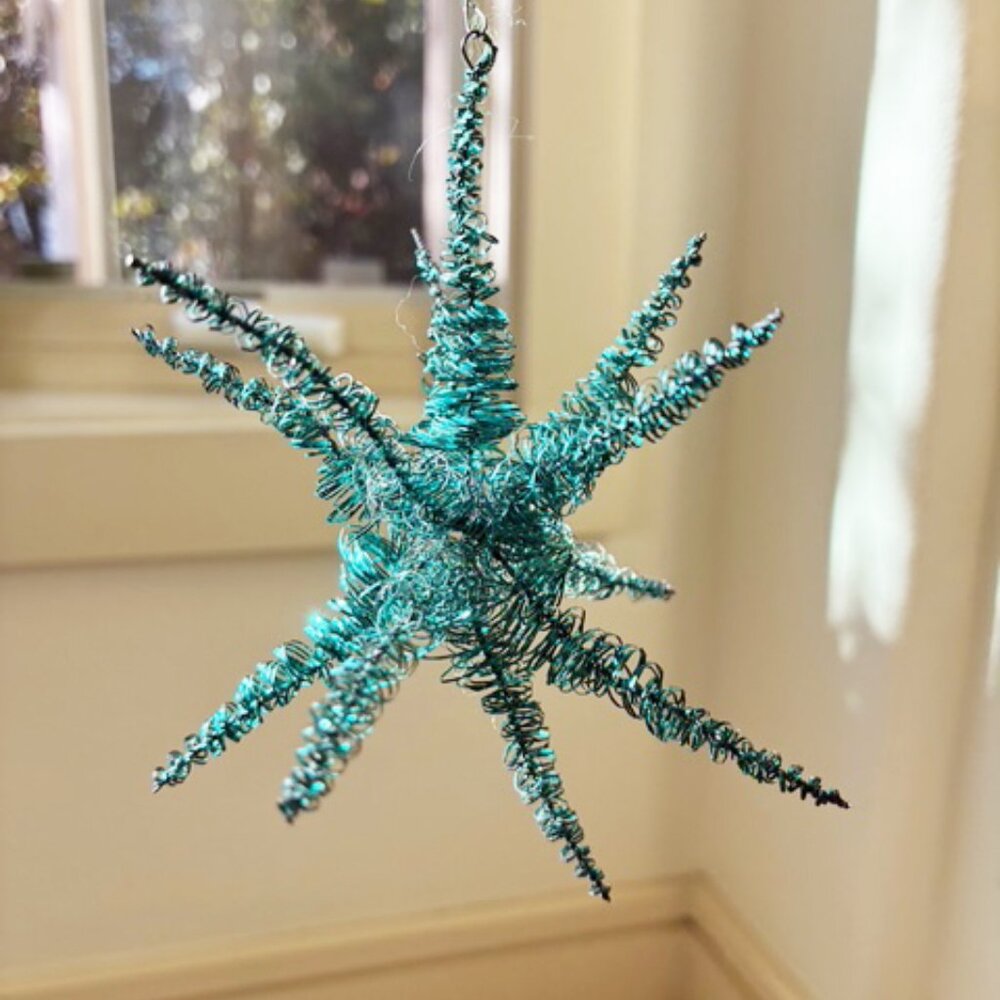 Vintage Coil Tinsel Wire Wrap Star Teal Blue Christmas Ornament Vintage 3D